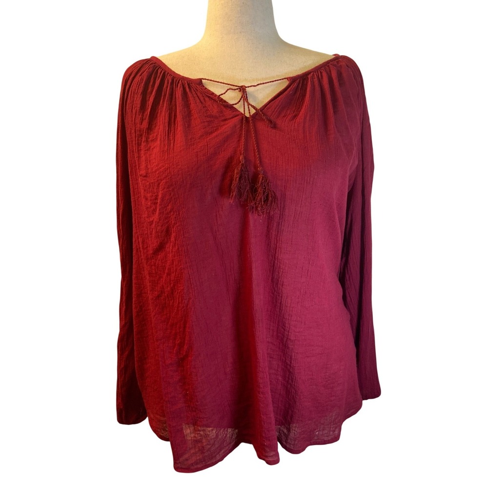 American Living Womens XL Red Cotton Gauze Peasant Blouse Tassel Tie Boho Top